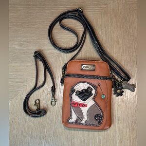 Chala Brown Crossbody Phone Bag with Pug Applique
